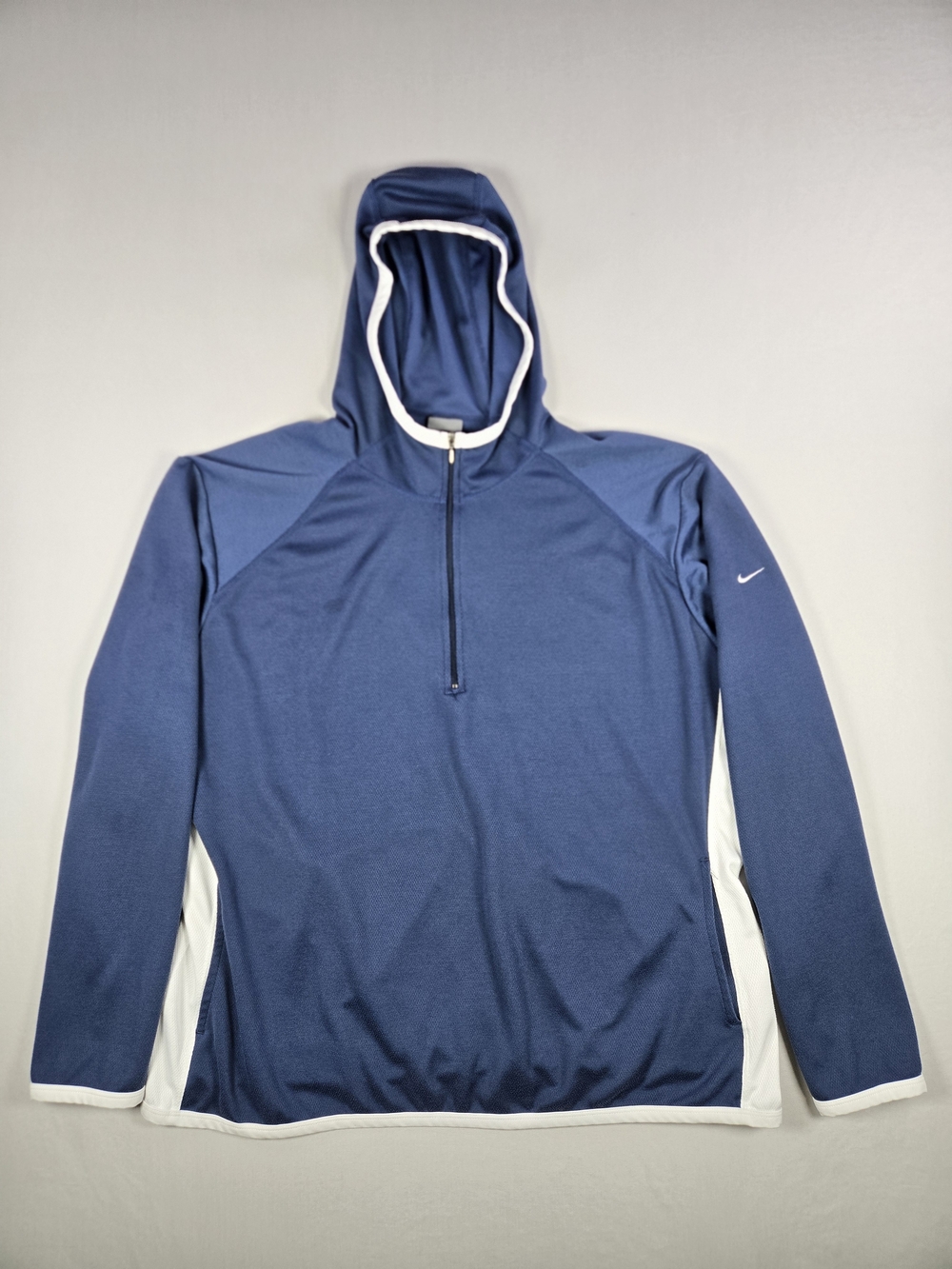 VTG Y2K Nike Youth XL Navy Blue 1/4 Zip Pullover Hooded Sweatshirt White Trim